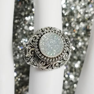White Snow Drusy & Garnet Sterling Silver Ring NWT